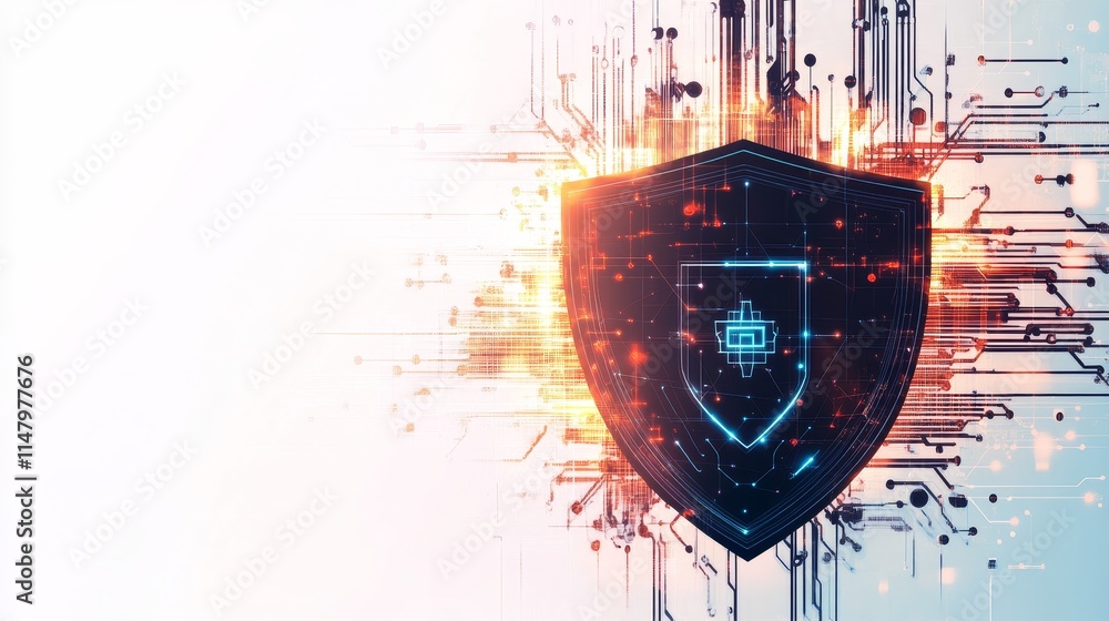 Poster digital security shield protecting against cyber threats with vibrant data patterns in a modern tech