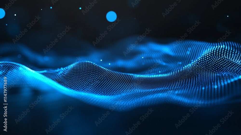 Poster dynamic blue digital waves flow smoothly across a dark background creating a mesmerizing visual effe
