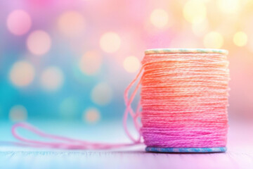 Colorful thread spool with bokeh background, creating dreamy effect