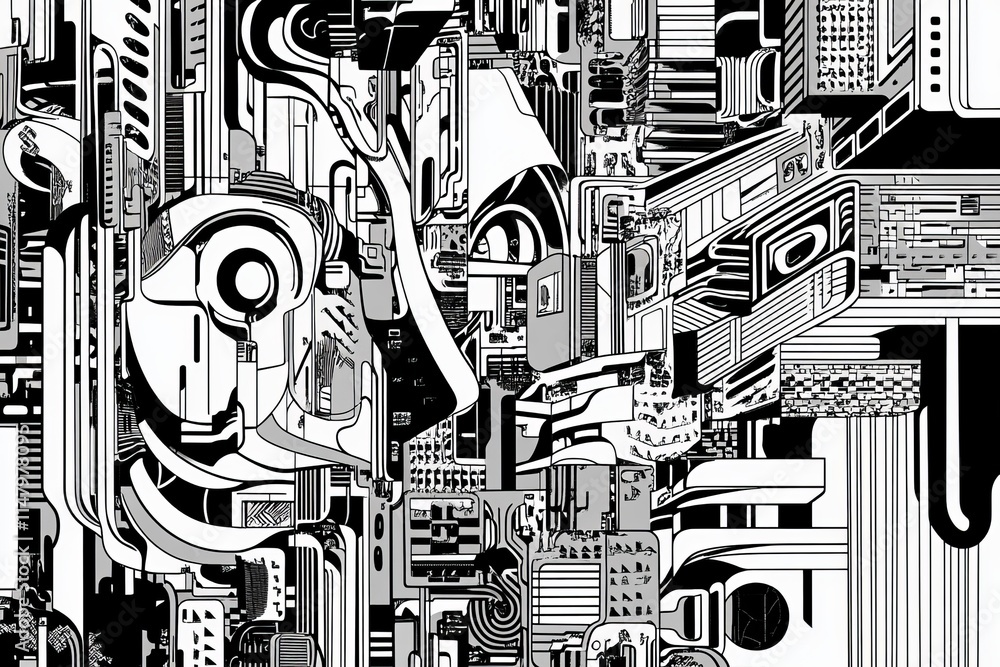 Poster complex abstract design featuring a blend of geometric shapes and intricate patterns with strong bla