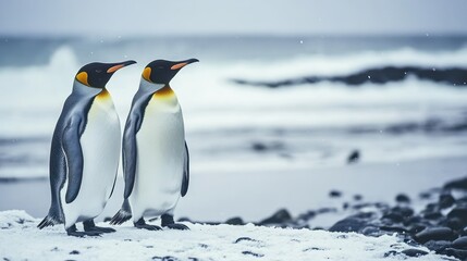 Obraz premium Two King Penguins Stand Together Near The Ocean