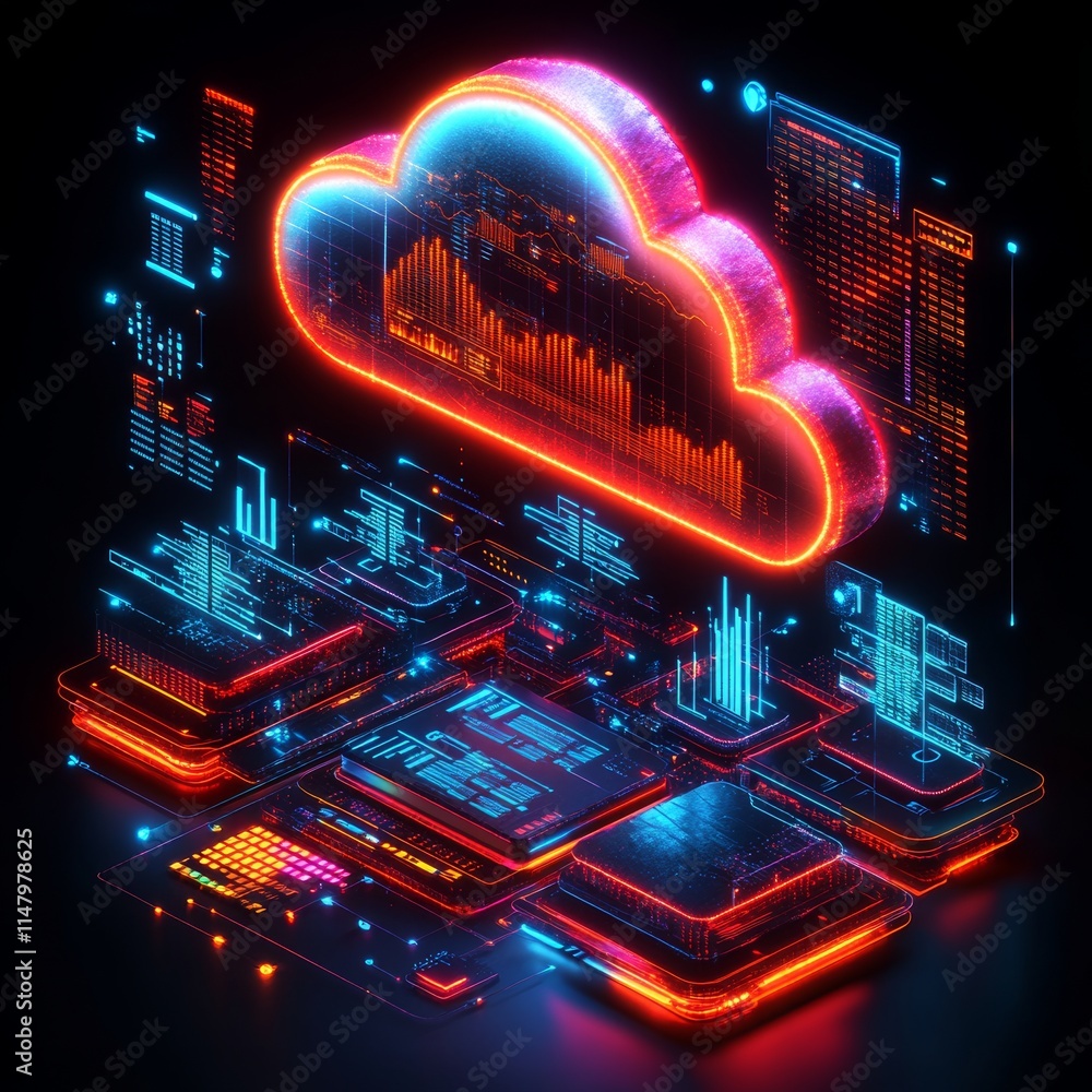 Poster digital cloud computing concept with vibrant neon graphics and data visualization elements illuminat