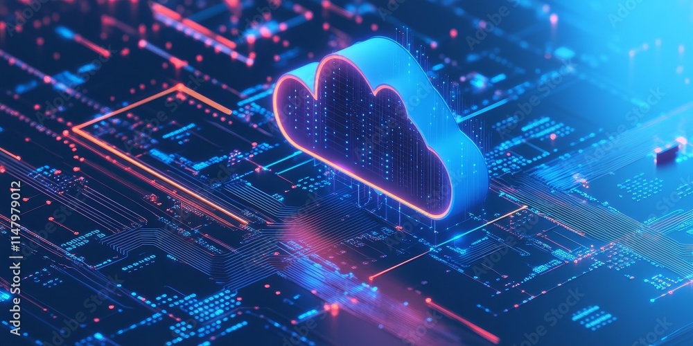 Poster digital cloud computing technology with neon accents and circuit patterns illustrating data storage 