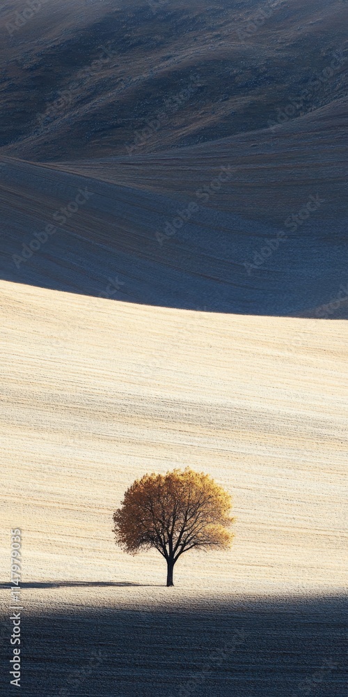 Poster a tree is standing in a field with a blue sky in the background. the tree is the only object in the 