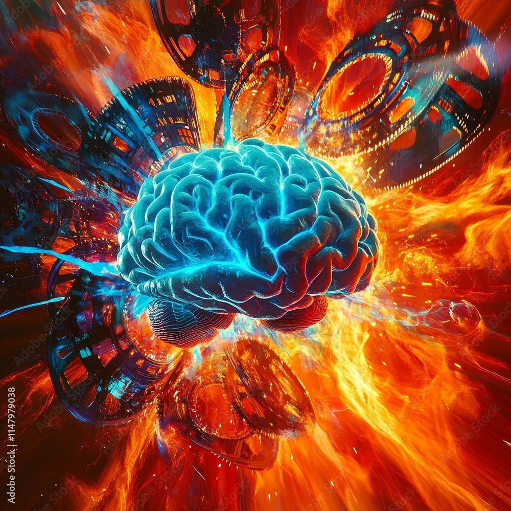 Poster exploring the intersection of technology and consciousness through a vivid representation of a brain