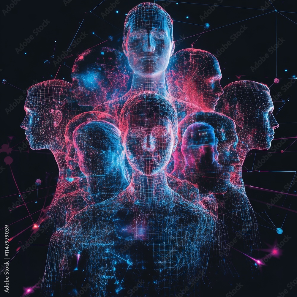 Poster digital representation of multiple human figures in interconnected network illustrating technology a