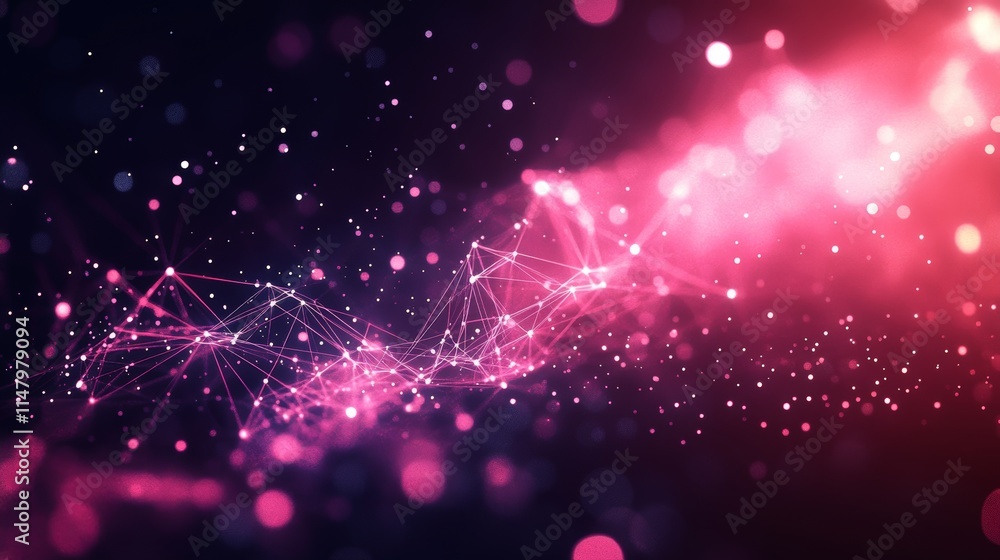 Poster abstract digital artwork depicting interconnected network patterns with glowing particles in shades 