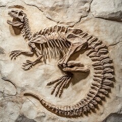 Naklejka premium Detailed View of a Fossilized Dinosaur Skeleton Articulated in a Natural Rock Formation