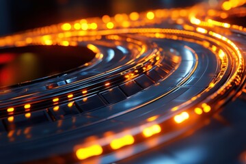 Fototapeta premium Illuminated winding pathways showcase intricate design with glowing orange lights in a futuristic setting