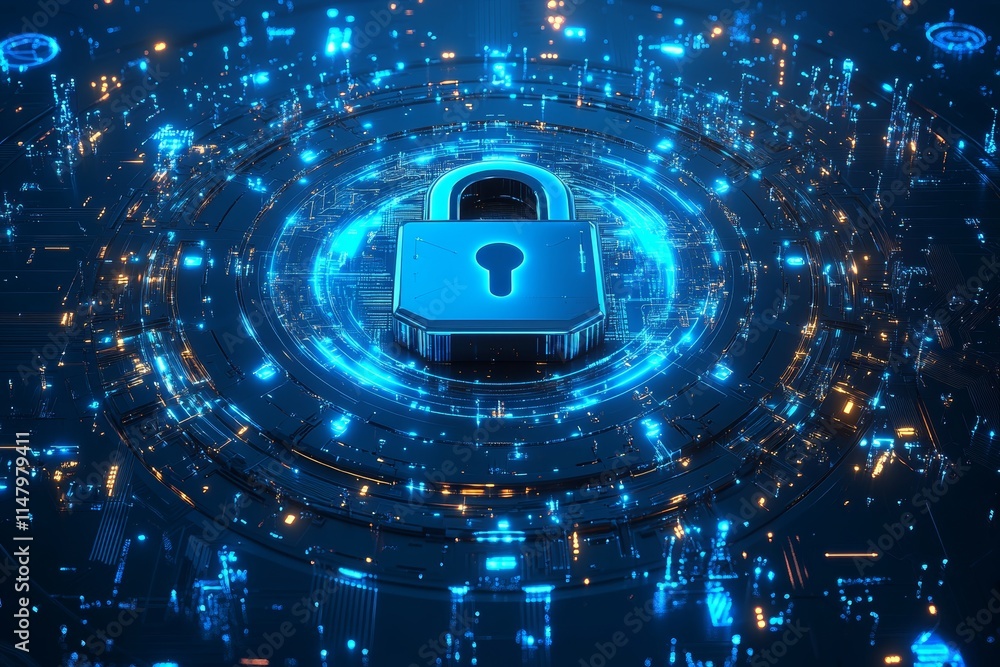 Poster digital lock surrounded by futuristic technology in a secure virtual environment showcasing data enc