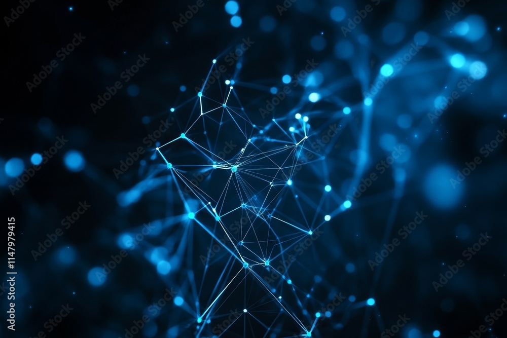 Poster digital network of interconnected nodes and lines glowing in blue tones, representing technology and