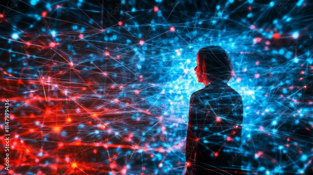 Poster person standing in front of a vibrant display of interconnected red and blue lights, representing a 