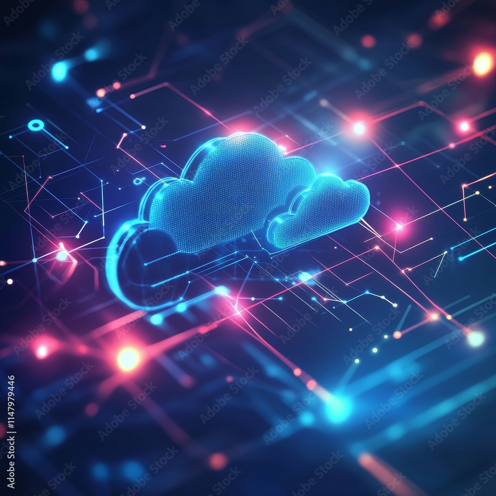 Poster digital cloud computing graphic with bright neon colors and interconnected data lines representing m