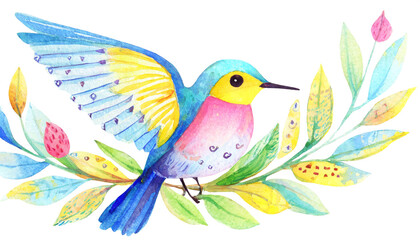 Obraz premium Bajkowy kolorowy ptak na gałęzi ilustracja dekoracja