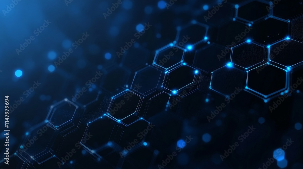 Poster hexagonal patterns illuminated by blue light create a futuristic abstract background in a digital sp