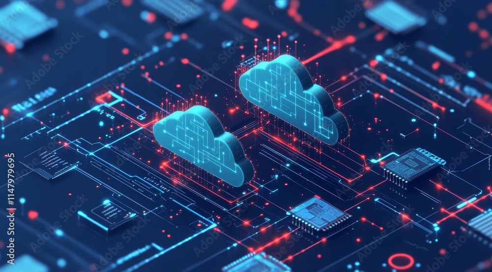 Poster digital representation of cloud computing technology with vibrant blue and red colors on a circuit b