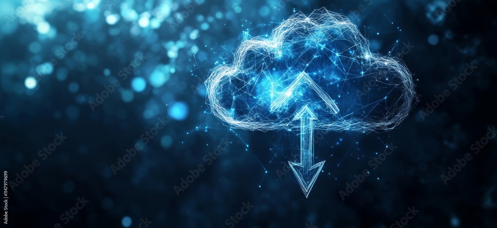 Poster digital cloud storage symbol with upward and downward arrows representing data transfer in a blue ab