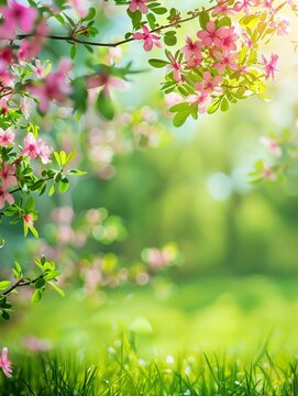 Fototapeta Beautiful pink flowers blooming on branch in spring with green grass and sunlight
