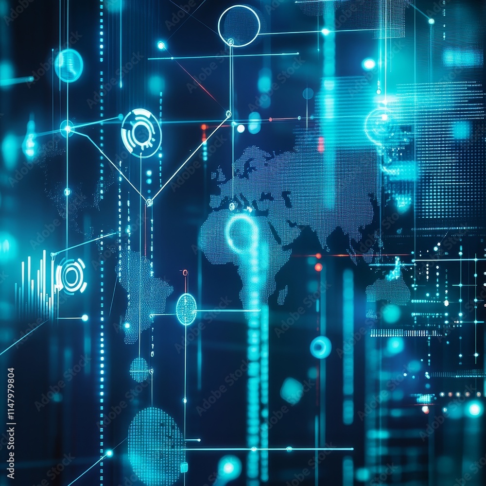 Poster visual representation of global network connections with digital elements highlighting data flow and