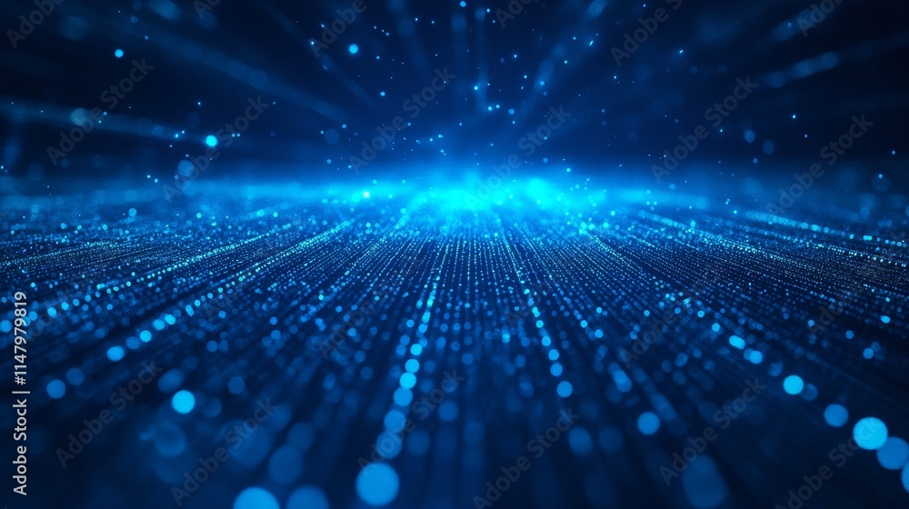 Poster vibrant blue abstract background with glowing particles and light rays creating a sense of depth and