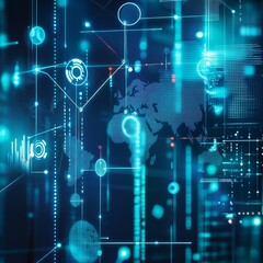 Obraz premium Visual Representation of Global Network Connections With Digital Elements Highlighting Data Flow and Geographical Aspects