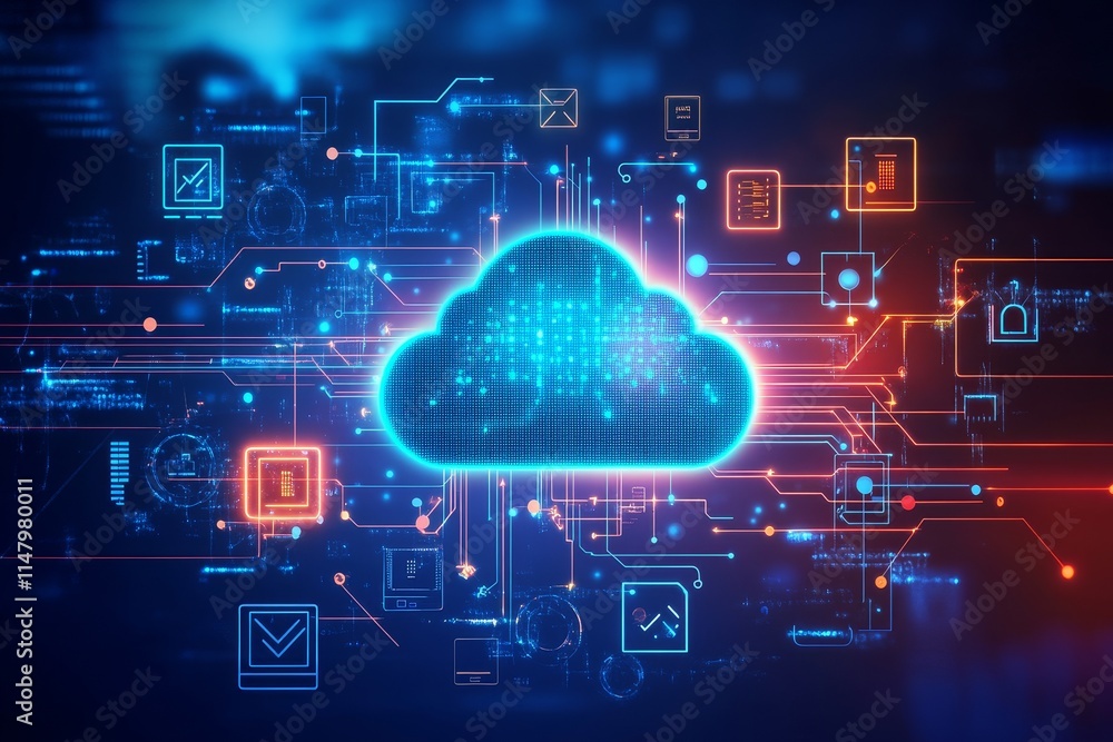 Aufkleber Virtual Cloud Computing Network With Digital Interface and Data Connections Showcasing Technology in a Futuristic Setting