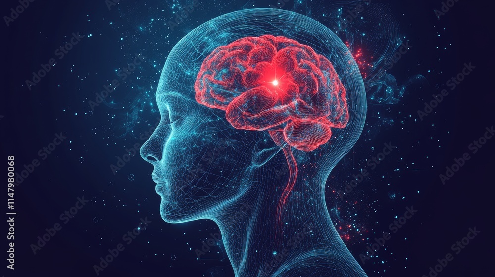 Poster mind and technology merge in a digital representation showcasing a human head with a glowing brain, 