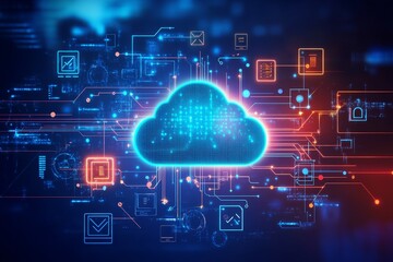 Virtual Cloud Computing Network With Digital Interface and Data Connections Showcasing Technology in a Futuristic Setting