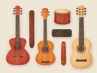 Obraz premium Acoustic guitars and percussion instruments in watercolor art