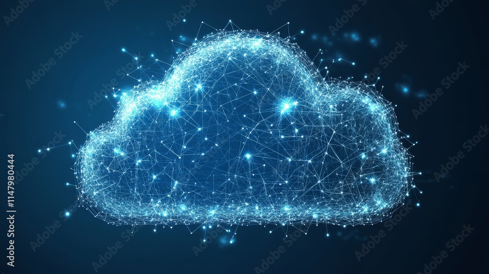 Poster digital cloud technology represented by interconnected nodes illuminating in blue, symbolizing data 