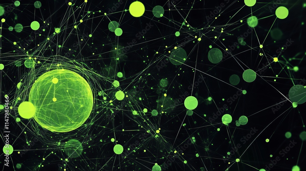 Poster Bright Green Abstract Representation of Molecular Structures in a Dark Background Showcasing Interconnected Particles and Energy Networks