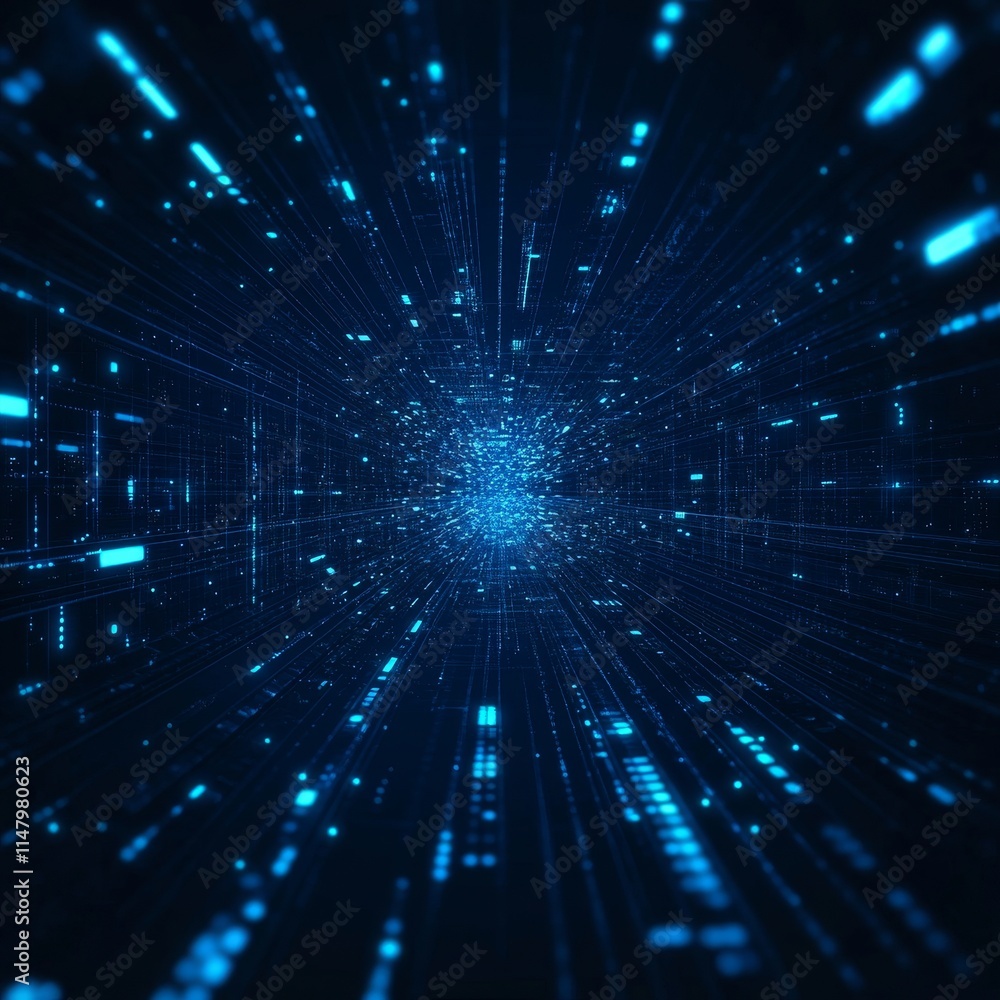 Fototapete Exploring a Vibrant Digital Tunnel Filled With Glowing Blue Lights Representing Data Flow and Technology in an Abstract, Futuristic Environment