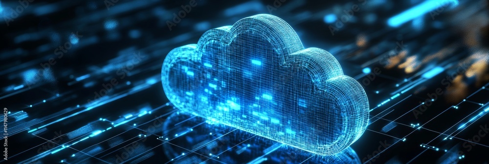 Poster digital cloud technology surrounded by streams of data revealing the impact of cloud computing on mo