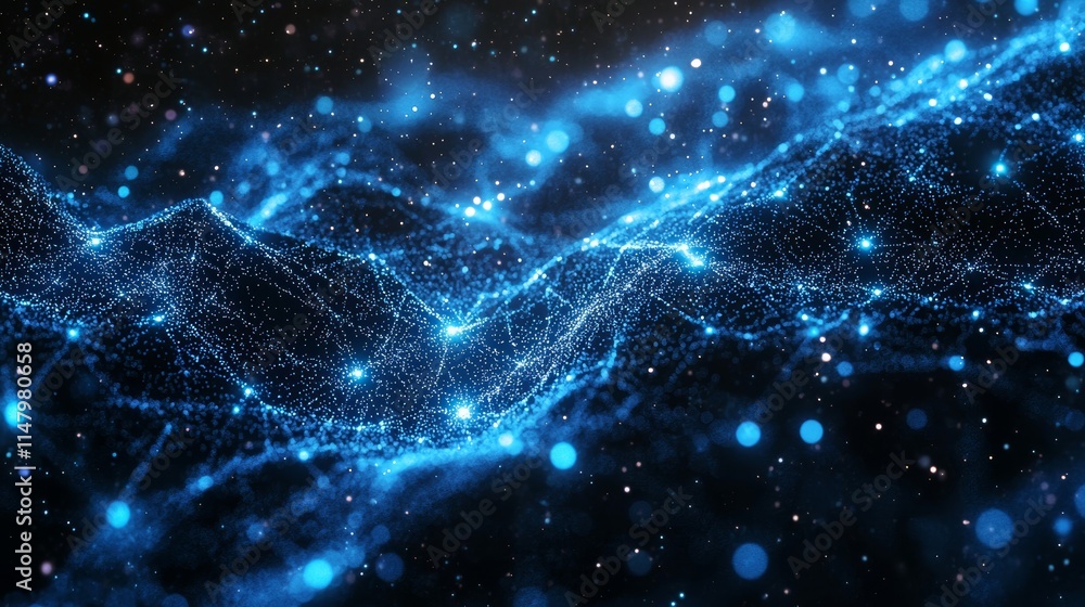 Poster blue glowing waves of particles create a mesmerizing visual representation of energy in a cosmic lan