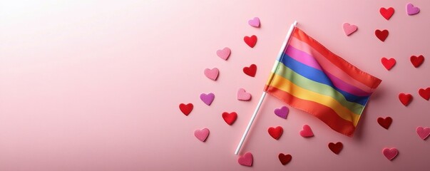 A top-down shot of the Lesbian Pride flag alongside tiny hearts expressing affection, on a soft pastel pink backdrop with space for text or ads