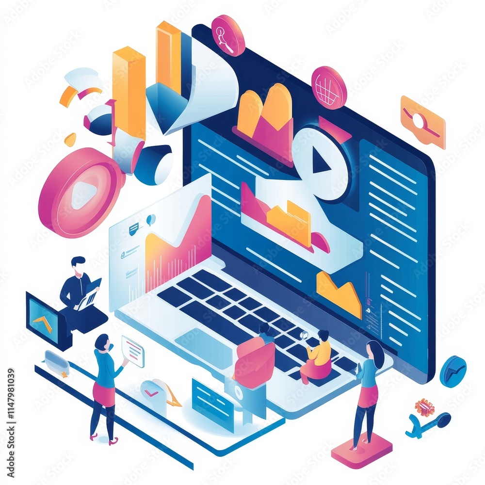 Poster creative digital workspace with charts and analytics on a laptop surrounded by illustrations of data