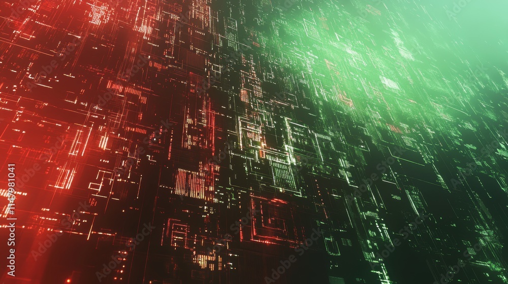 Aufkleber exploring the vibrant world of digital circuits illuminated by green and red lights in a high-tech e