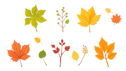 Obraz premium Autumn leaves or fall foliage icons. Vector isolated maple, oak or birch and rowan tree leaf set. Falling aspen, beech or elm and poplar fall foliage for seasonal holiday greeting Generative AI