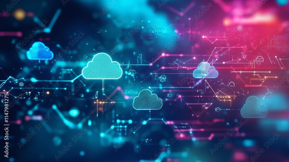 Poster vibrant digital clouds connected by intricate data lines representing cloud computing technology in 