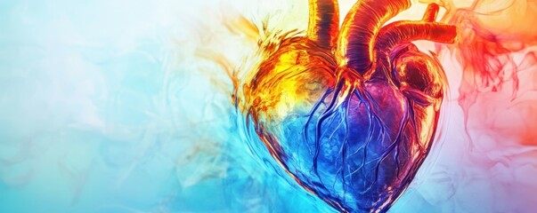 heart anatomy, human heart, medical illustration, anatomical details, vibrant colors, abstract background, healthcare concept, biological imagery This image shows a detailed illustration of a human\