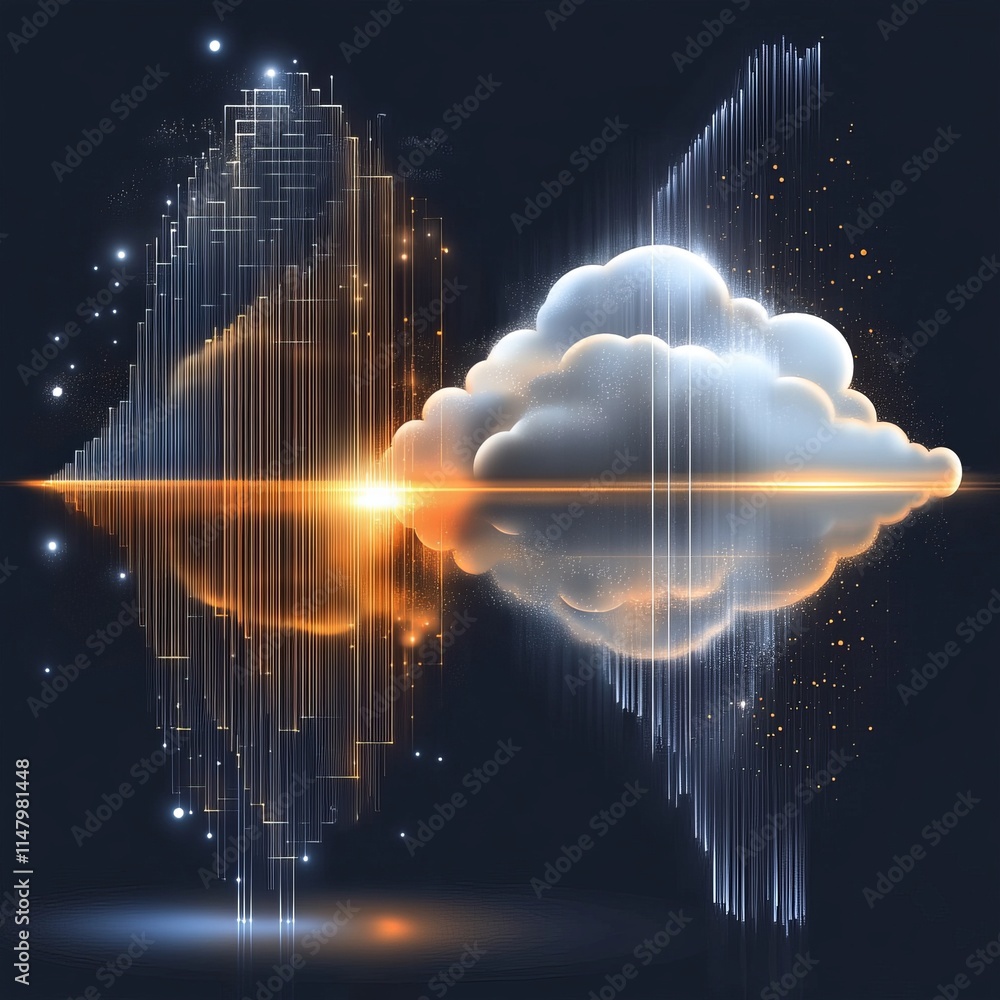 Poster cloud reflecting digital patterns in a surreal dark setting during twilight, showcasing the interpla