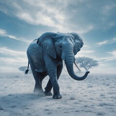 An elephant walking in a white and blue dreamlike surreal landscape.