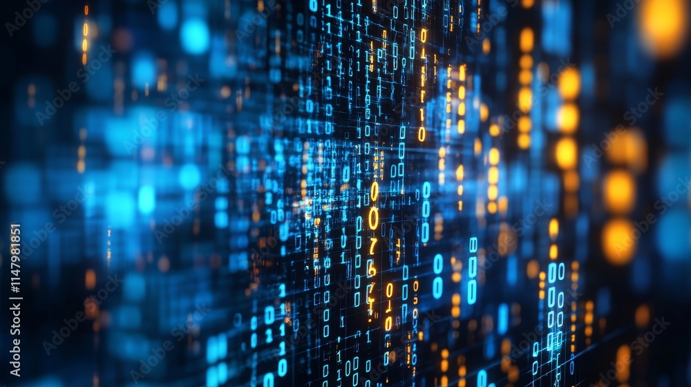 Poster digital data visualization with vibrant blue and orange matrix effects in a technology concept illus