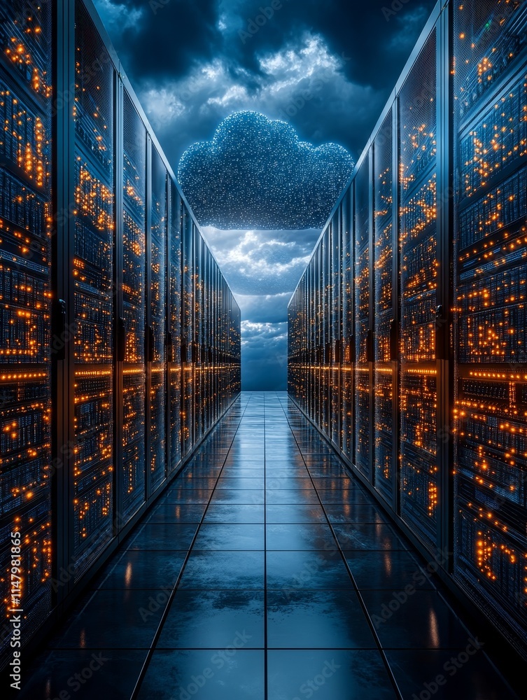 Poster exploring a futuristic data center with glowing servers under a dramatic sky filled with clouds