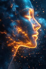 Abstract digital profile with glowing particles in cosmic blue and orange tones