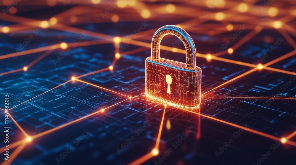 Poster concept of digital security with a glowing padlock on a network grid symbolizing cybersecurity and d