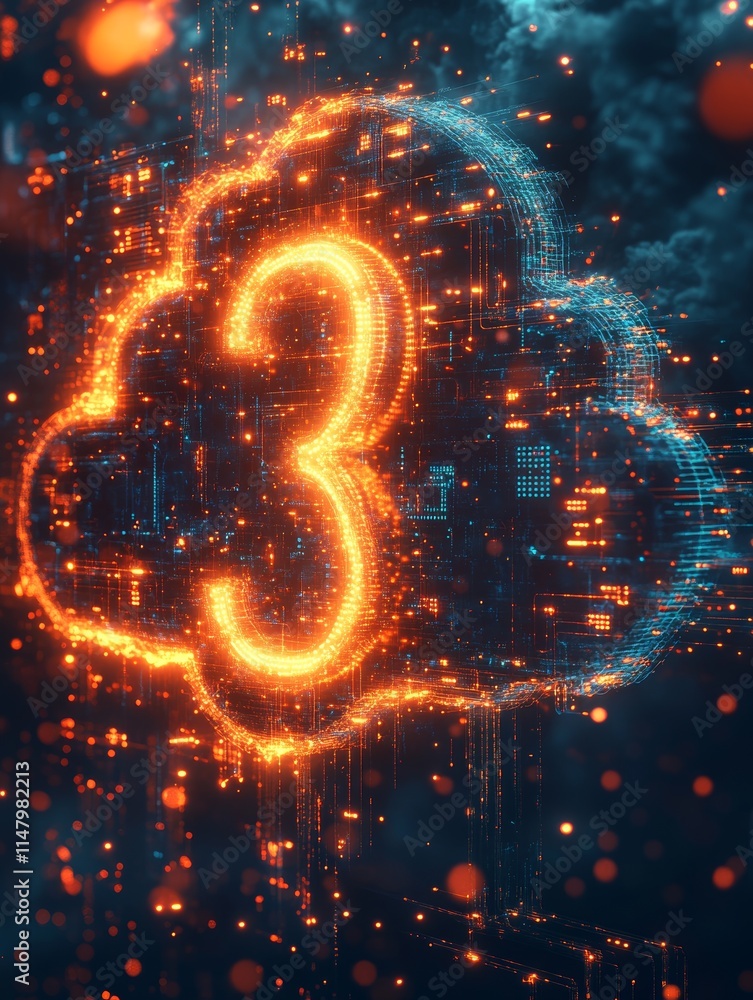 Poster bright digital cloud with glowing number three representing technology and data in a futuristic envi