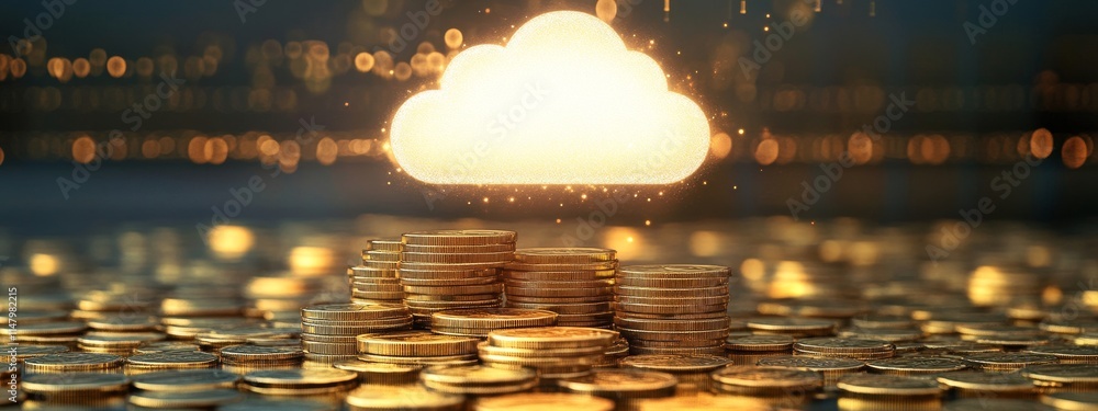 Poster concept of cloud computing generating wealth with golden coins representing data storage and virtual