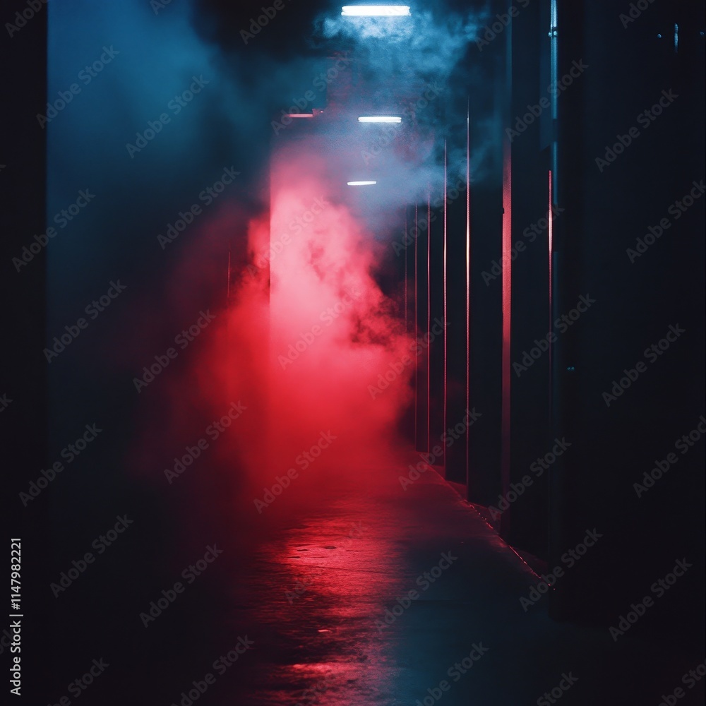 Poster mysterious hallway illuminated by colorful lights and fog creating an eerie atmosphere in an abandon