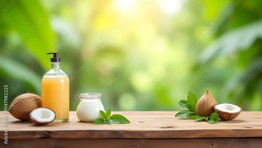 Aufkleber wooden table countertop with summer products displayed on a blurred coconut leaf background in a nat
